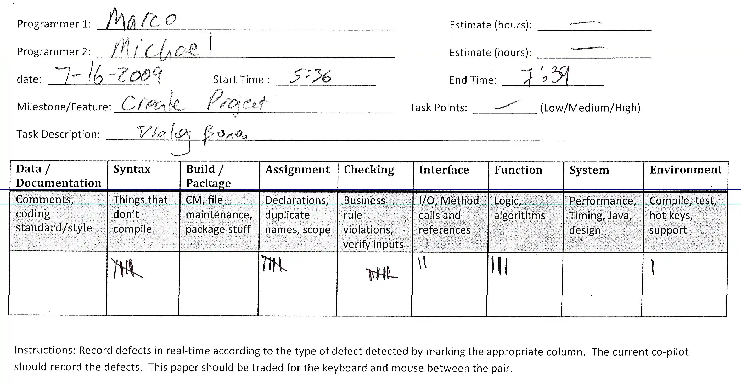 A scanned 'tally sheet' completed by Marco and Michael on July 16, 2019. The sheet documents a pairing session that lasted approximately 2 hours based on the recorded start and end times. The sheet indicates the pair created a dialog box for the 'create project' feature. Tally marks appear under a number of headings indicating defect categories. The categories are: data/documentation (0), syntax (5), build/package (0), assignment (5), checking (5), interface (2), function (3), system (0), and environment (1). The following instructions appear at the bottom of the page: 'Record defects in real-time according to the type of defect detected by marking the appropriate column. The current co-pilot should record the defects. This paper should be traded for the keyboard and mouse between the pair.' The contents are hand written on a printed template.